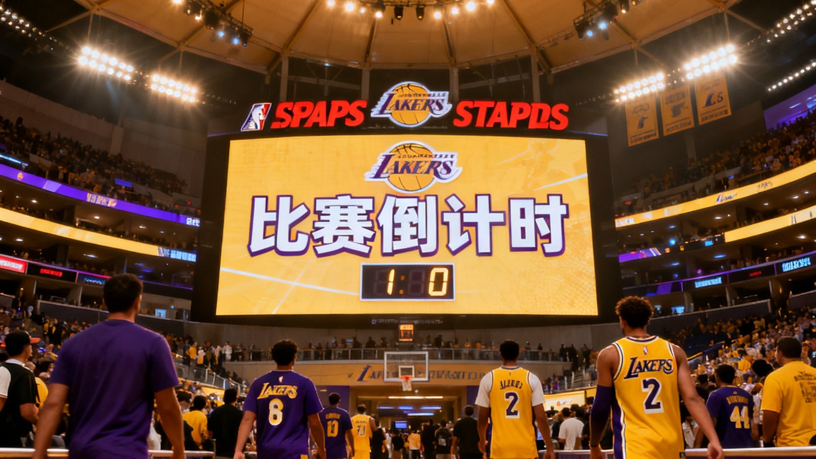 NBA常规赛直播预告画面，洛杉矶湖人主场斯台普斯中心灯光璀璨，巨型屏幕上显示比赛倒计时，球迷陆续入场